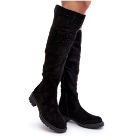 Botas por encima de la rodilla de mujer decoradas con tacón plano, Negro Cintya