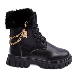 Botines infantiles calentitos de piel con cadena, Negro Cadia