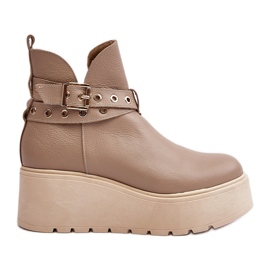 Botines Mujer Piel Con Plataforma Cuña Y Tiras Zazoo 1752 Beige