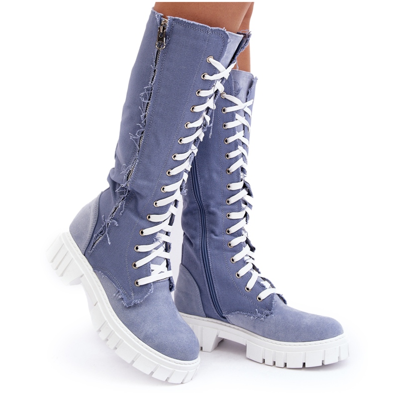 Botas Vaqueras Aislantes Con Cordones Para Mujer, Azul Cresanta beige