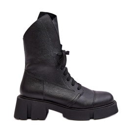 Botines de trabajador de cuero para mujer con tacón plano enorme Zazoo 976A Negro