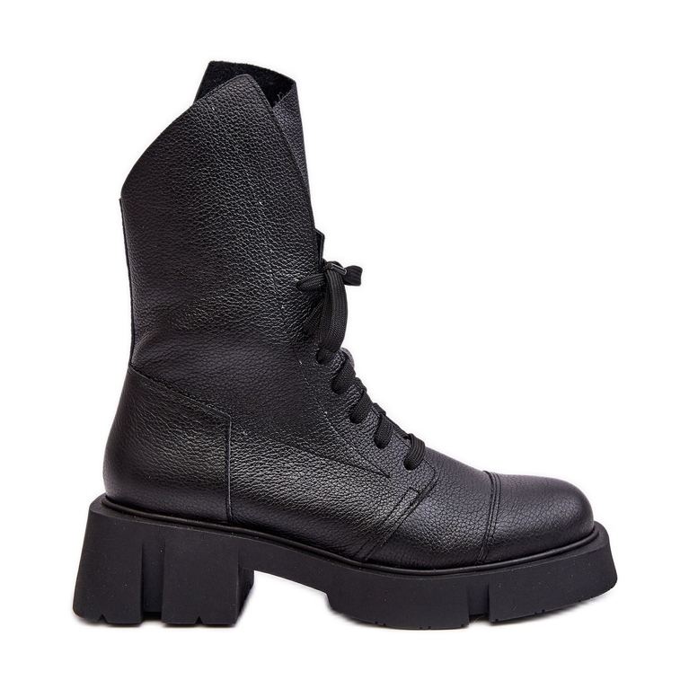 Botines de trabajador de cuero para mujer con tacón plano enorme Zazoo 976A Negro