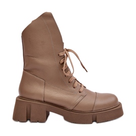 Botines de trabajo de cuero para mujer con tacón plano enorme Zazoo 976A Beige oscuro
