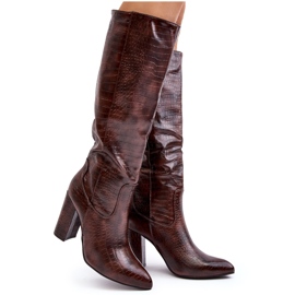Botas de tacón alto para mujer, cálidas, con estampado de serpiente, marrón Delul