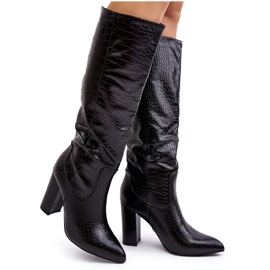 Botas de tacón alto para mujer, cálidas, con estampado de serpiente, negro Delul