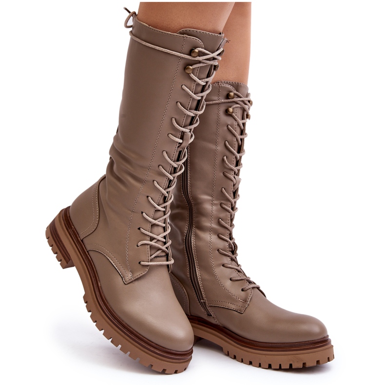 Botas de mujer con cordones a media pantorrilla Beige Elavettsa