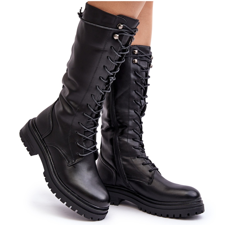 Botas con cordones a media pantorrilla para mujer, negro Elavettsa