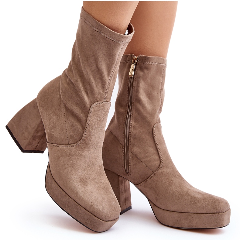 Botines de mujer con tacón grueso y plataforma, beige oscuro Adelles