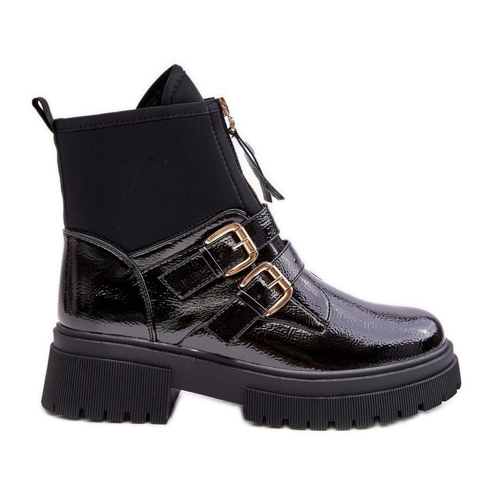 Botas Mujer de Charol con Tacón Plano, Negro Rellisa Botas Mujer de Charol con Tacón Plano, Negro Rellisa