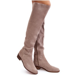 Botas por encima de la rodilla de ante para mujer con tacón plano, beige Hewanella