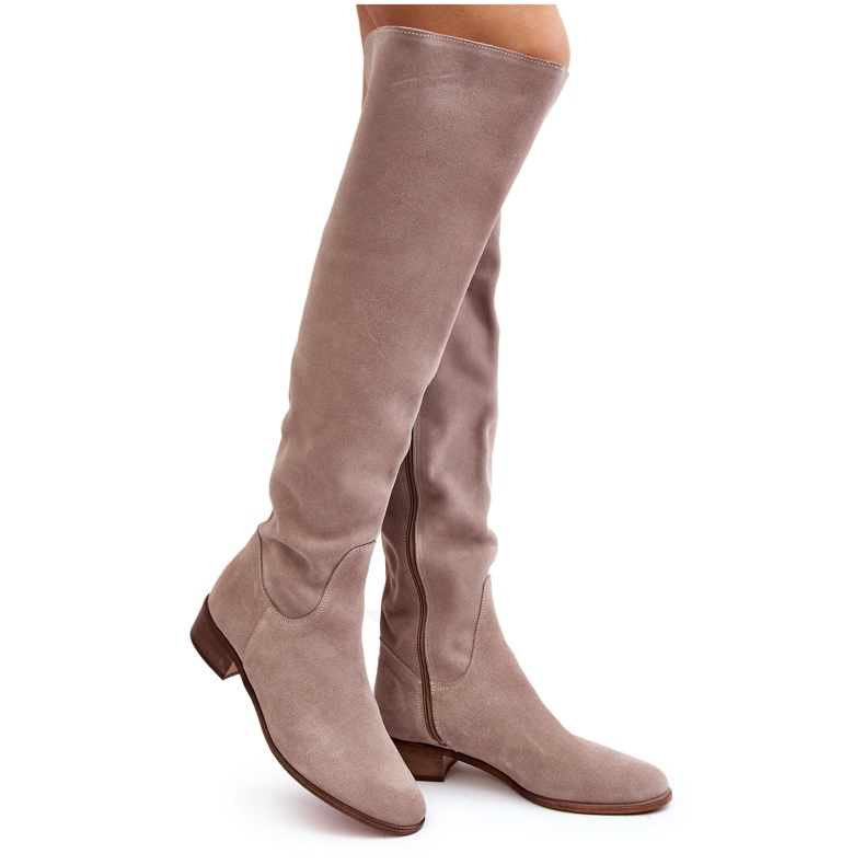 Botas por encima de la rodilla de ante para mujer con tacón plano, beige Hewanella