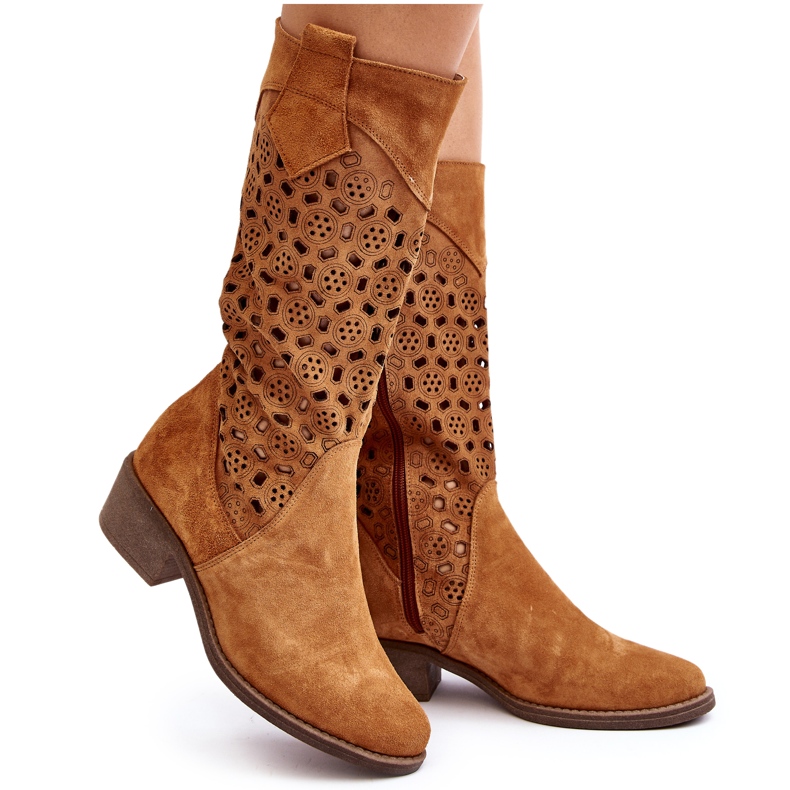 Botas De Mujer De Ante Calado Y Tacón Bajo Camel Ndulu marrón
