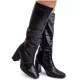 Botas De Mujer De Tacón Alto Con Grabado Decorativo, Negro Vabaria Botas De Mujer De Tacón Alto Con Grabado Decorativo, Negro Vabaria