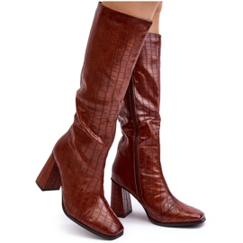 Botas De Mujer Marrones De Tacón Alto Con Grabado Decorativo Vabaria marrón
