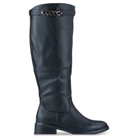Botas hasta la rodilla de mujer con suela plana confeccionadas en piel ecológica negro Botas hasta la rodilla de mujer con suela plana confeccionadas en piel ecológica negro