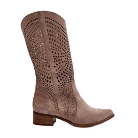 Zazoo 3305/P Botas capuchino caladas a media pantorrilla de ante beige