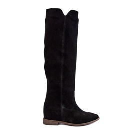 Zazoo 3407 Botas hasta la rodilla de ante con tacón plano, negro