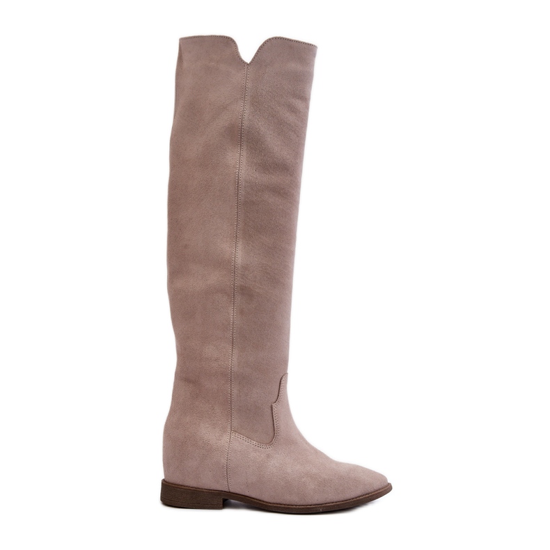 Zazoo 3407 Botas hasta la rodilla de ante con tacón plano capuchino beige