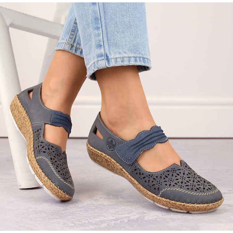 Zapatos mujer piel calada con velcro, azul Rieker 44896-15 Zapatos mujer piel calada con velcro, azul Rieker 44896-15