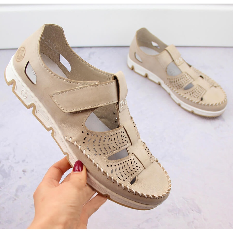 Zapatos mujer piel calada con velcro, beige Rieker 49958-61