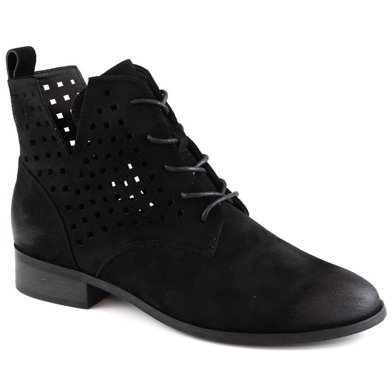 Botines calados de ante con tacón plano, negro Potocki SZ12089