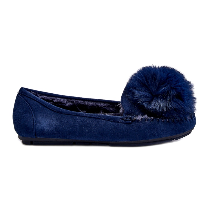 Mocasines azules de las mujeres con pelaje y pompom