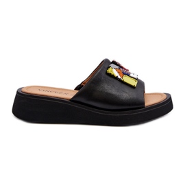 Vinceza Chanclas de Mujer de Piel con Adorno de Asames Negro