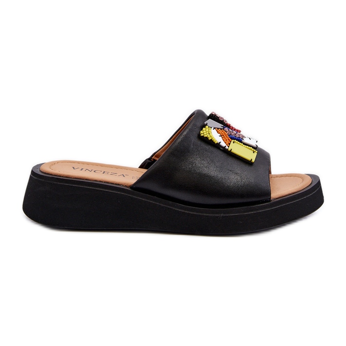 Vinceza Chanclas de Mujer de Piel con Adorno de Asames Negro