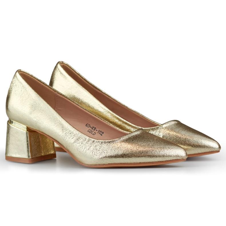 Zapatos de salón dorados de tacón bajo, elegantes zapatos dorados de mujer.