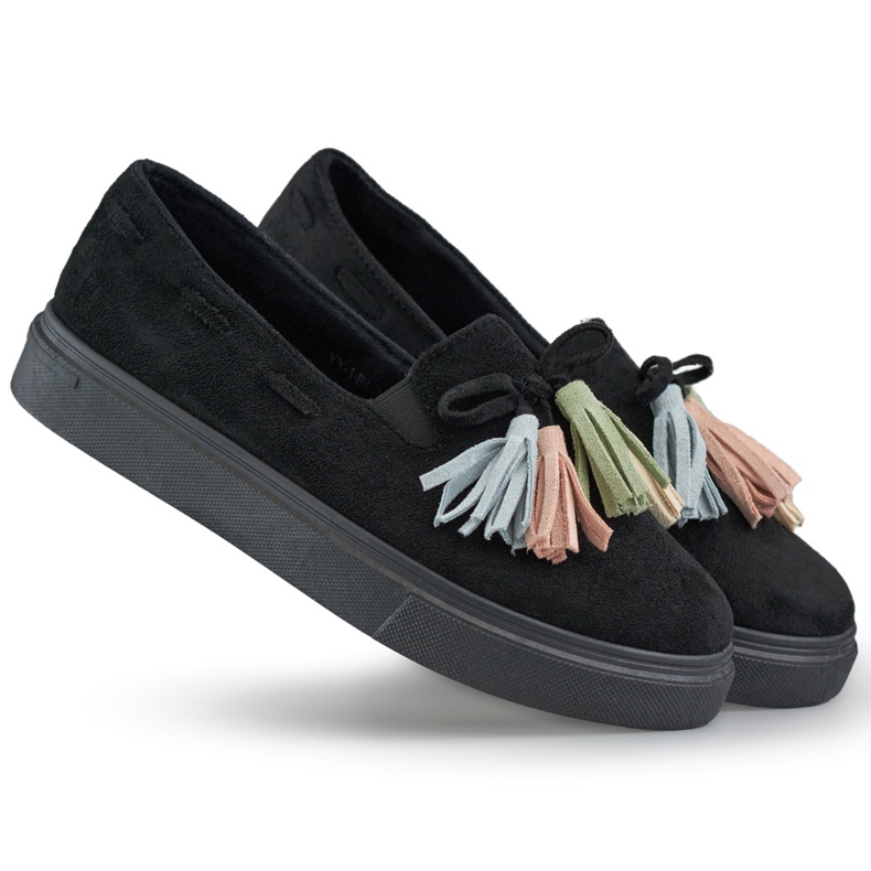 Zapatos de mujer negros con flecos de colores, mocasines negros con flecos