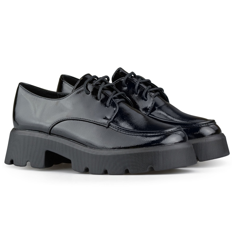 Zapatos con cordones de charol negro, zapatos de mujer con suela gruesa