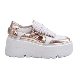 Zazoo 1833 Zapatillas de mujer de piel con suela maciza, blanco y dorado
