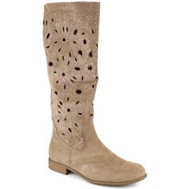 Botas de mujer de ante calado con tacón bajo, beige Jezzi ASA142-50