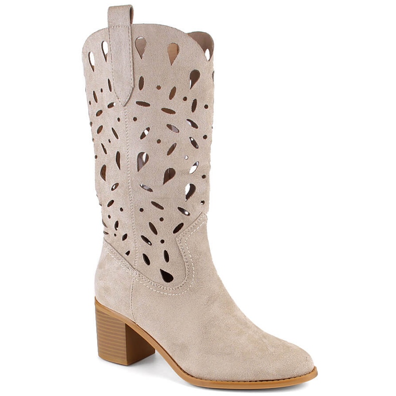 M. DASZYŃSKI Botas de mujer de ante calado, beige claro M.Daszyński MR2337-3