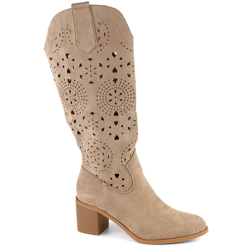 M. DASZYŃSKI Botas de mujer de ante calado con tacón alto, beige M.Daszyński MR2337-7 M. DASZYŃSKI Botas de mujer de ante calado con tacón alto, beige M.Daszyński MR2337-7