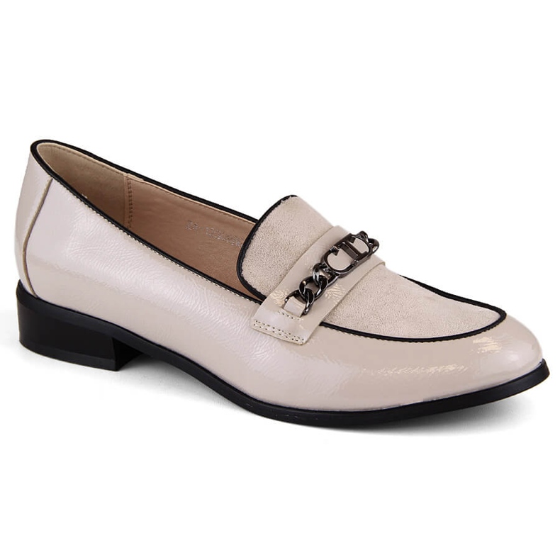 Zapatos de charol de tacón bajo para mujer, beige, Potocki SZ12309 Zapatos de charol de tacón bajo para mujer, beige, Potocki SZ12309