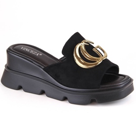 Zapatillas de casa con cuña para mujer en ante, negro, Vinceza 58295