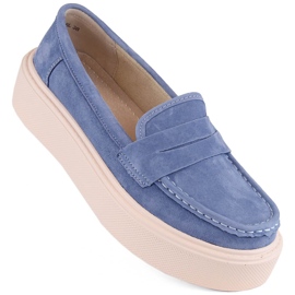Zapatos de piel ante, mocasines de mujer con plataforma, azul Filippo DP6152