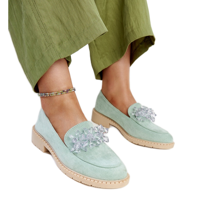 Mocasines de ante verde claro con cristales Zemzem