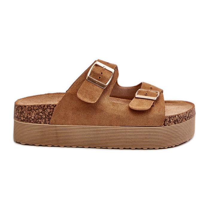 Chanclas de mujer Camel Lolpey con plataforma y hebillas marrón