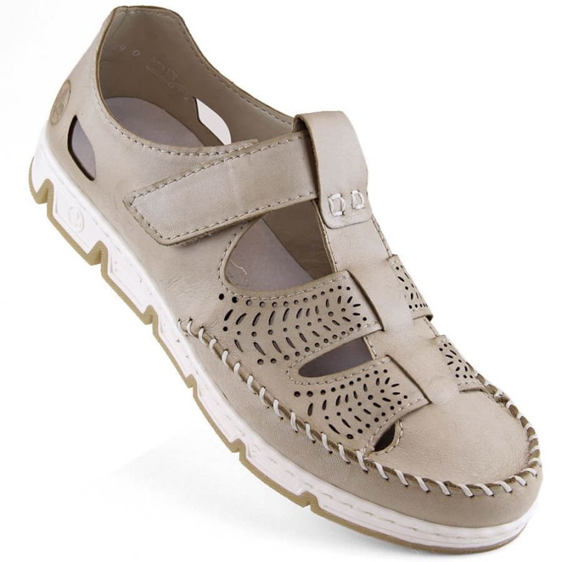 Zapatos de piel calados con velcro Rieker W RKR651, beige marrón