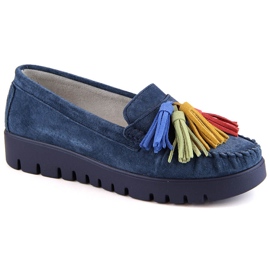 Zapatos de piel ante, mocasines de mujer con flecos, azul marino Filippo DP3535
