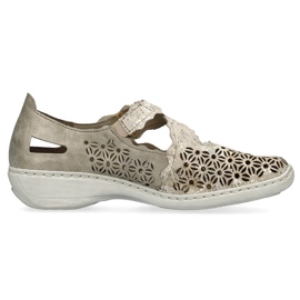 Zapatos mujer cómodos piel calada con velcro metalizado Rieker 413G4-90 beige