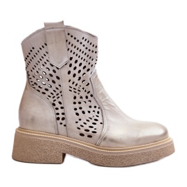 Zazoo 3470 Botines de Mujer de Piel con Tacón Plano, Dorado Calado, Cepillado