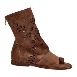 Zazoo 3437 Sandalias de ante para mujer con parte superior con cremallera color camel marrón