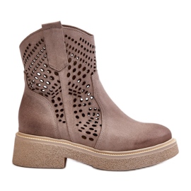 Zazoo 3470 Botas de mujer de ante con tacón plano capuchino calado beige