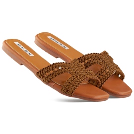 Chanclas de mujer encaje marrón con suela plana