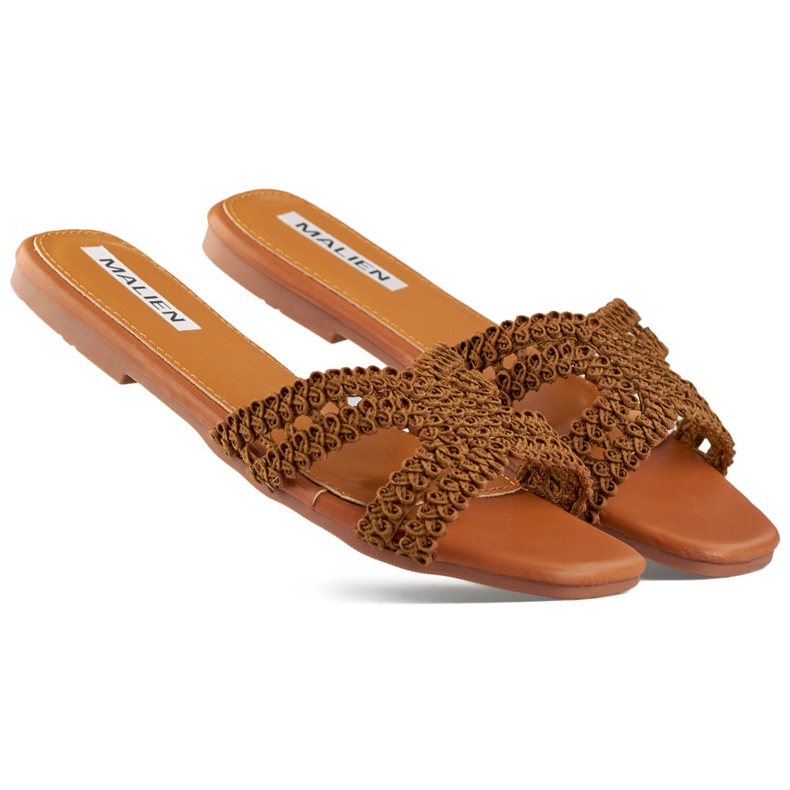 Chanclas de mujer encaje marrón con suela plana Chanclas de mujer encaje marrón con suela plana