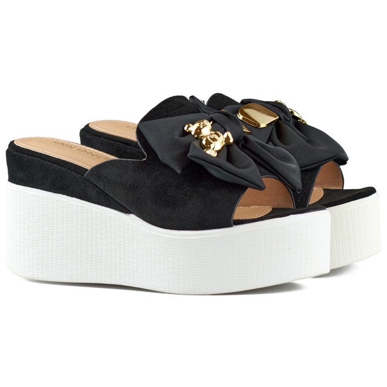 Zapatillas de casa de mujer negras con osito y lazo en la cuña negro