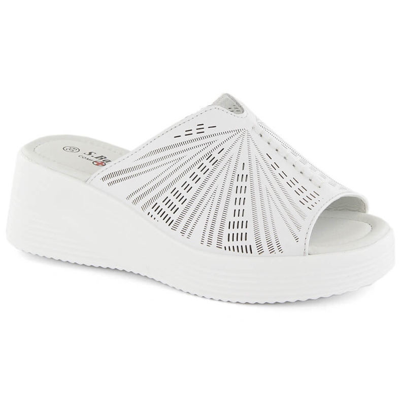 Pantuflas cómodas de piel con cuña para mujer, blanco, S.Barski LR275 Pantuflas cómodas de piel con cuña para mujer, blanco, S.Barski LR275